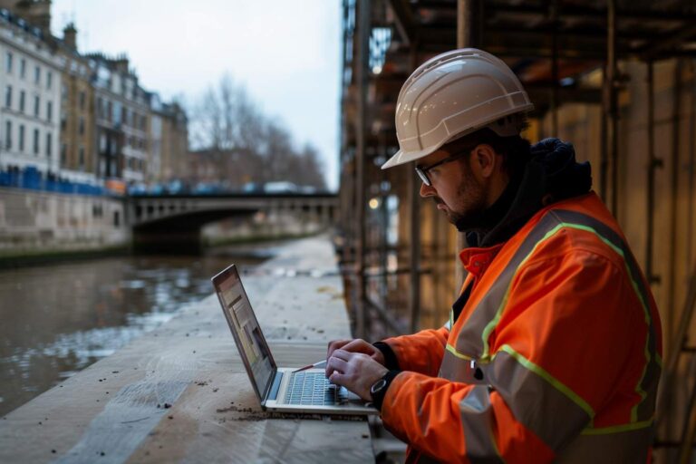builder on a laptop in a constructions ite
