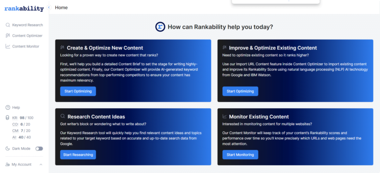 Screenshot of rankability.com Dashboard