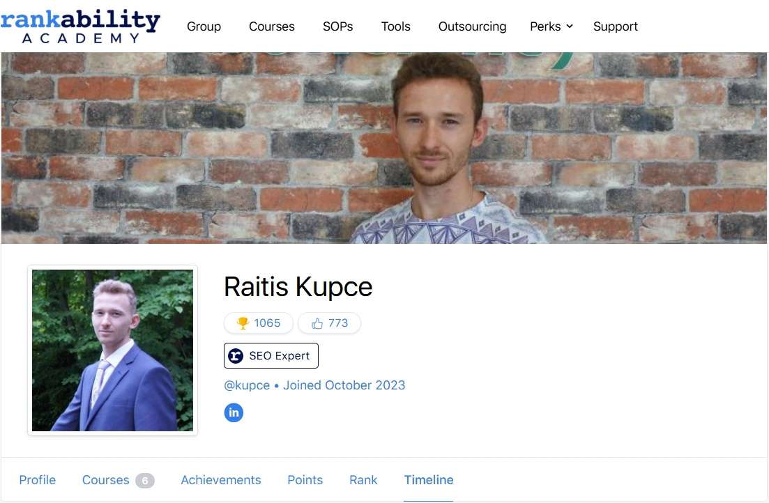 Rankability Academy Profile page of Raitis Kupce